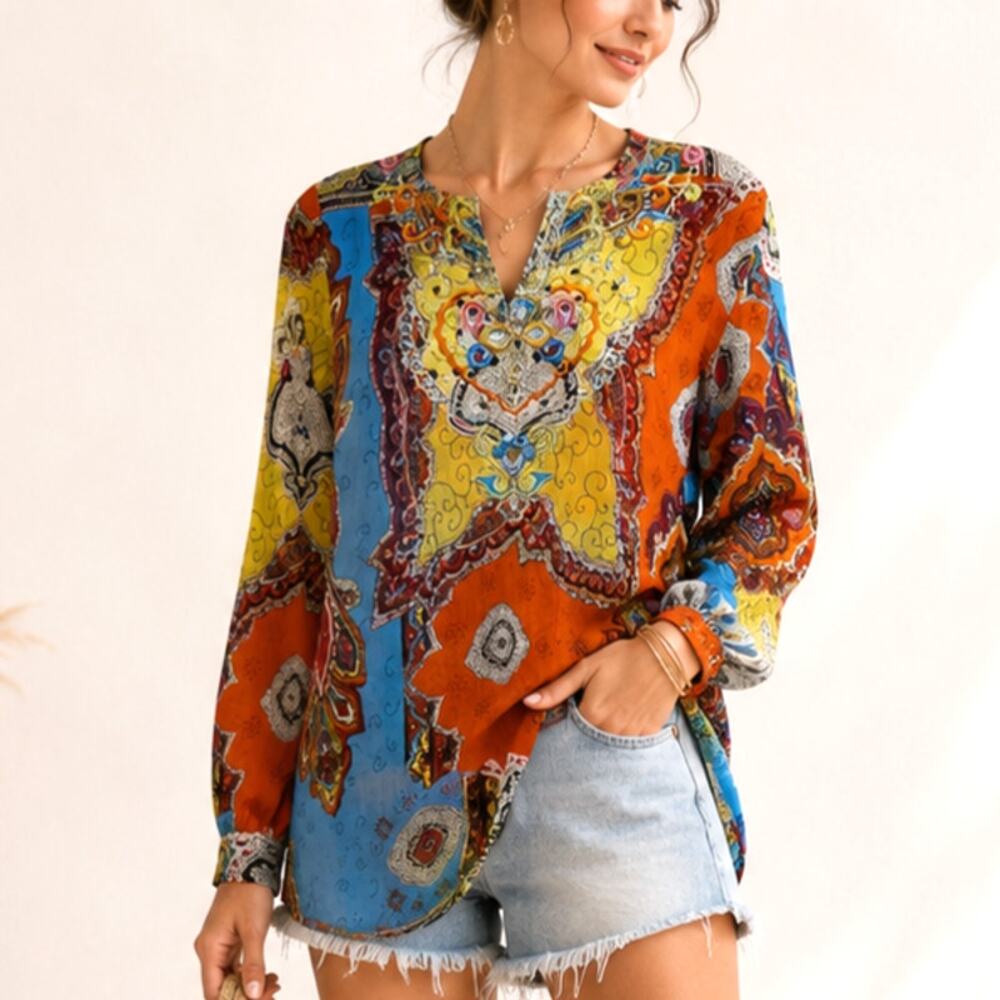 Ikon Clothing Cotton Crepon Blouse Women's Size XL Sheer Vibrant Colors Beaded